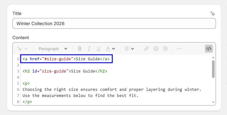 Create jump links to section headings